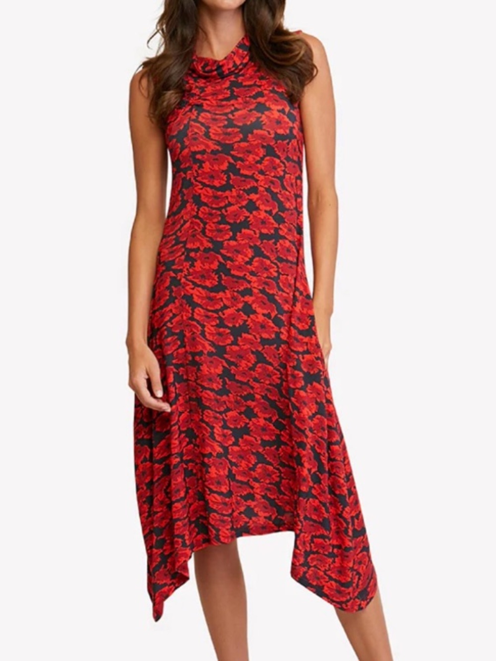 Loulou Damour Poppies Field Midi Dress Pockets Red Black Size XS